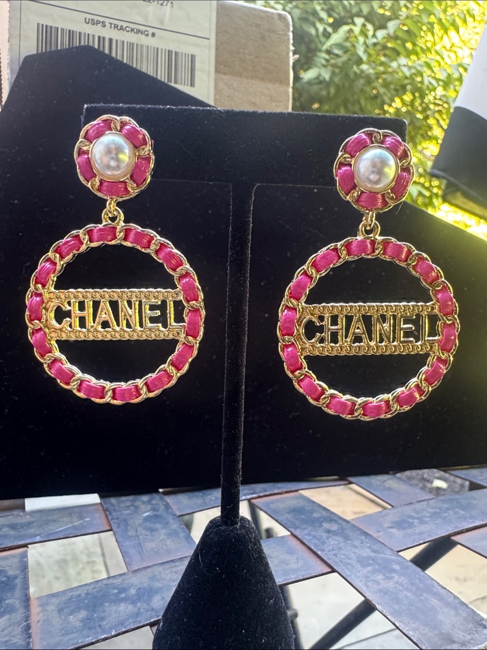 Earrings  Hot Pink and Gold Logo Drop Earrings